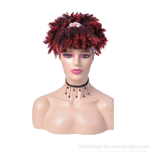 Wholesale Ombre Black  Short Turban Wig Afro Headband Wig Kinky Curly Synthetic Wig With Headband Attached For Black Women